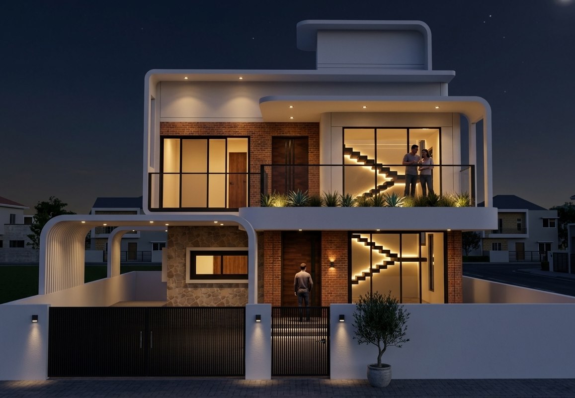 Modern Bungalow Night View Design in Phaltan Satara