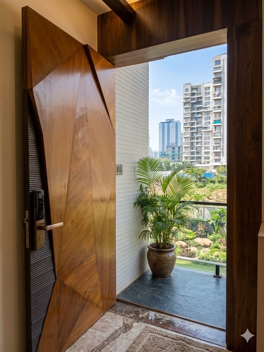 Sculpted Timber Main Door Design by Architects in Pune